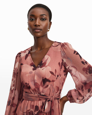 Anne Klein Three Quarter Sleeve Floral Chiffon Midi Dress