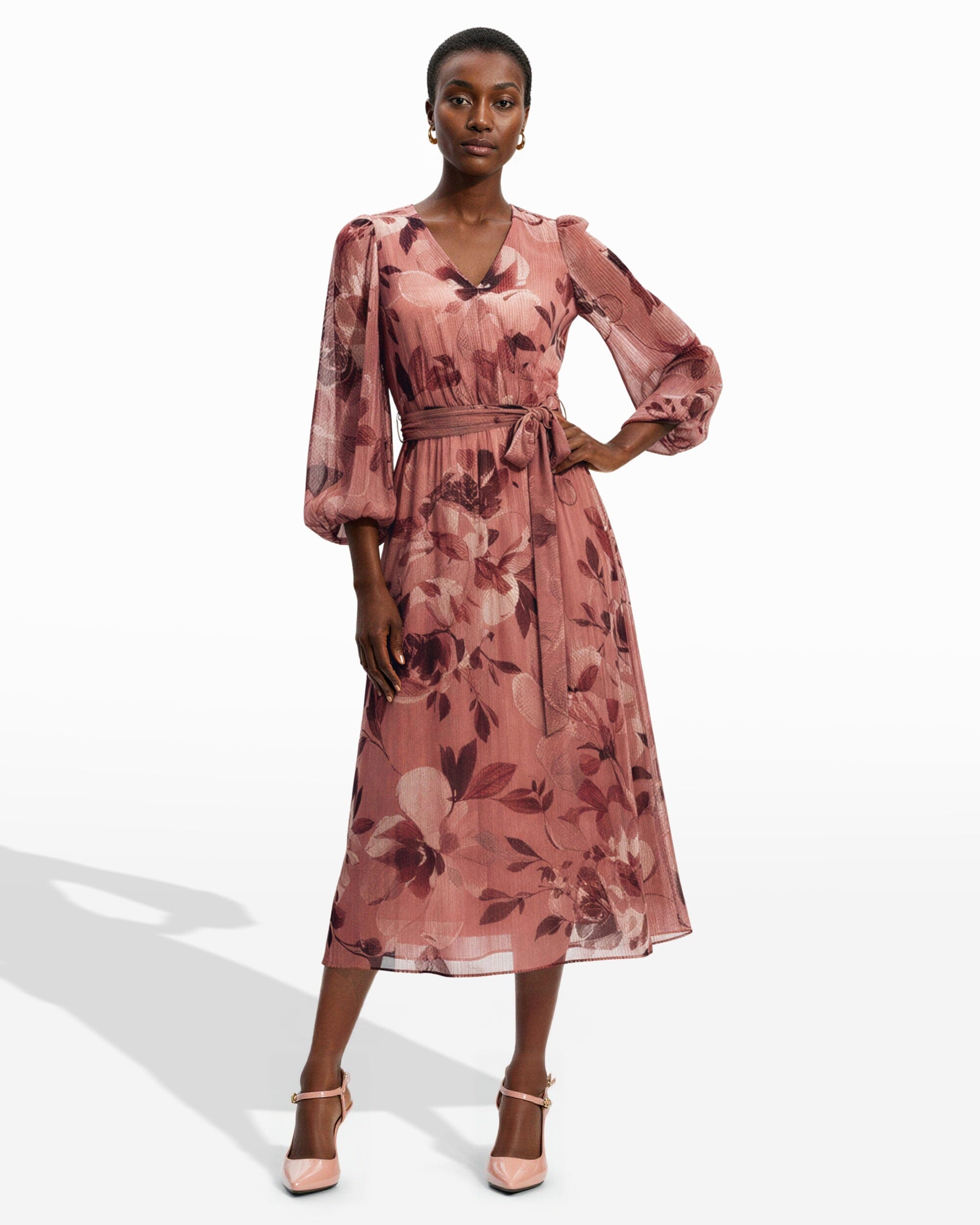 Anne Klein Rose Mist Multi Three Quarter Sleeve Floral Chiffon Midi Dress