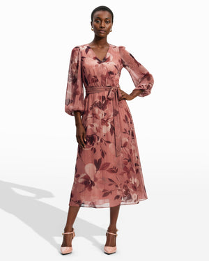 Anne Klein Rose Mist Multi Three Quarter Sleeve Floral Chiffon Midi Dress