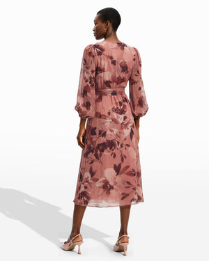 Anne Klein Three Quarter Sleeve Floral Chiffon Midi Dress