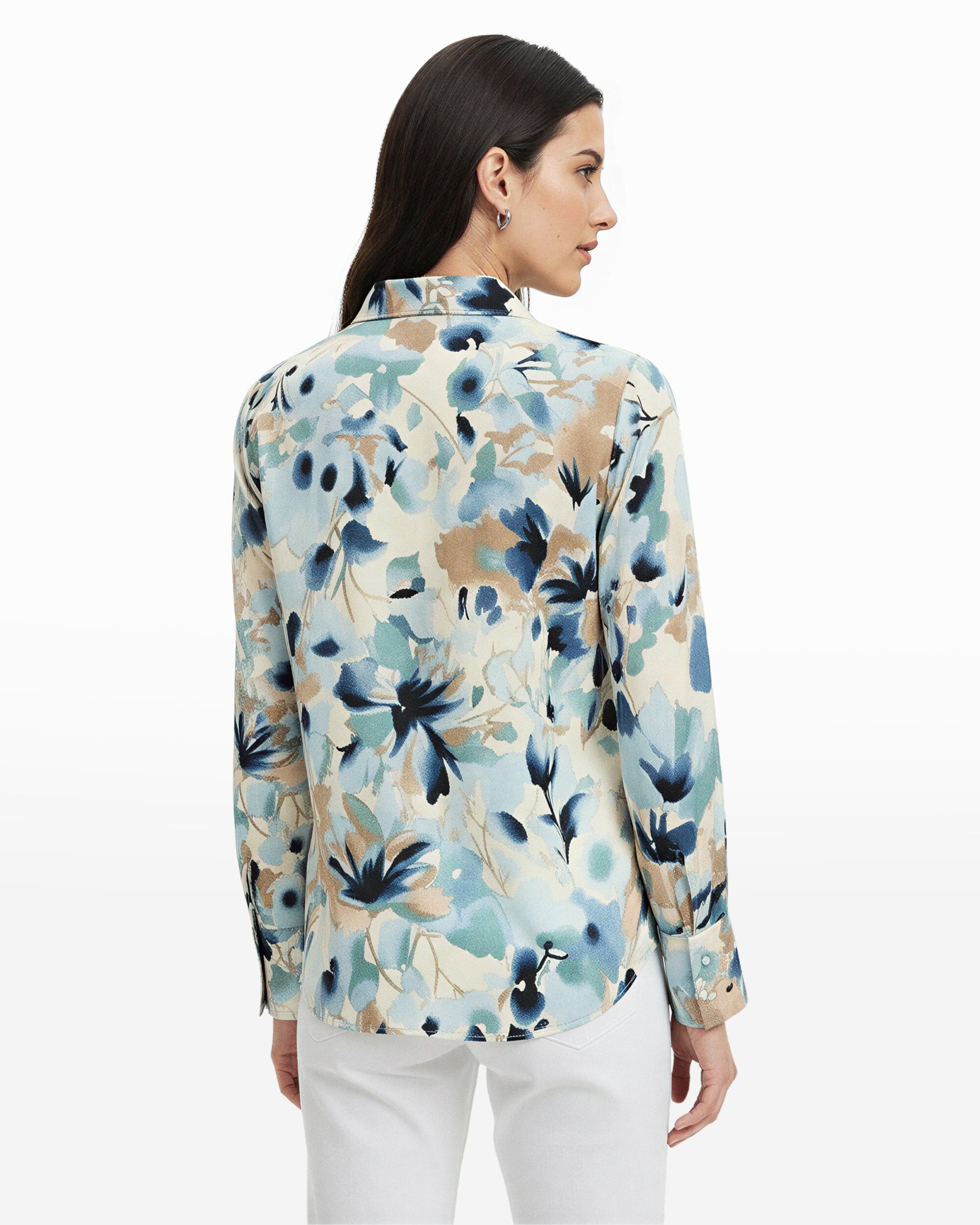Anne Klein V Neck Silk Floral Pleat Blouse