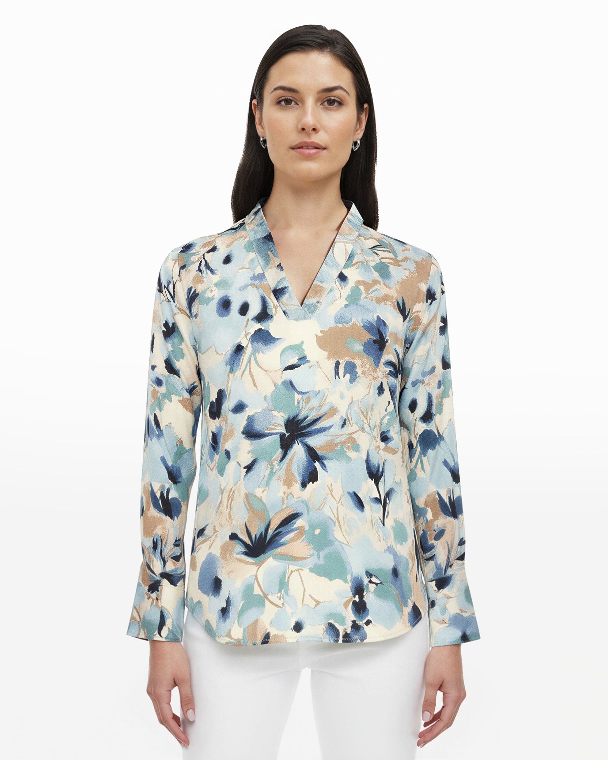 Anne Klein V Neck Silk Floral Pleat Blouse