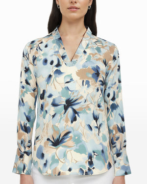 Anne Klein V Neck Silk Floral Pleat Blouse