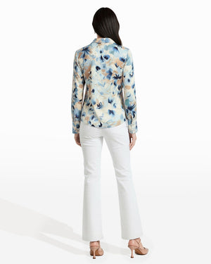 Anne Klein V Neck Silk Floral Pleat Blouse