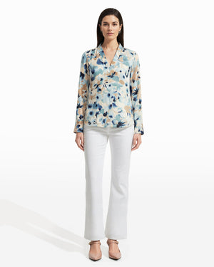 Anne Klein White Dove Multi V Neck Silk Floral Pleat Blouse