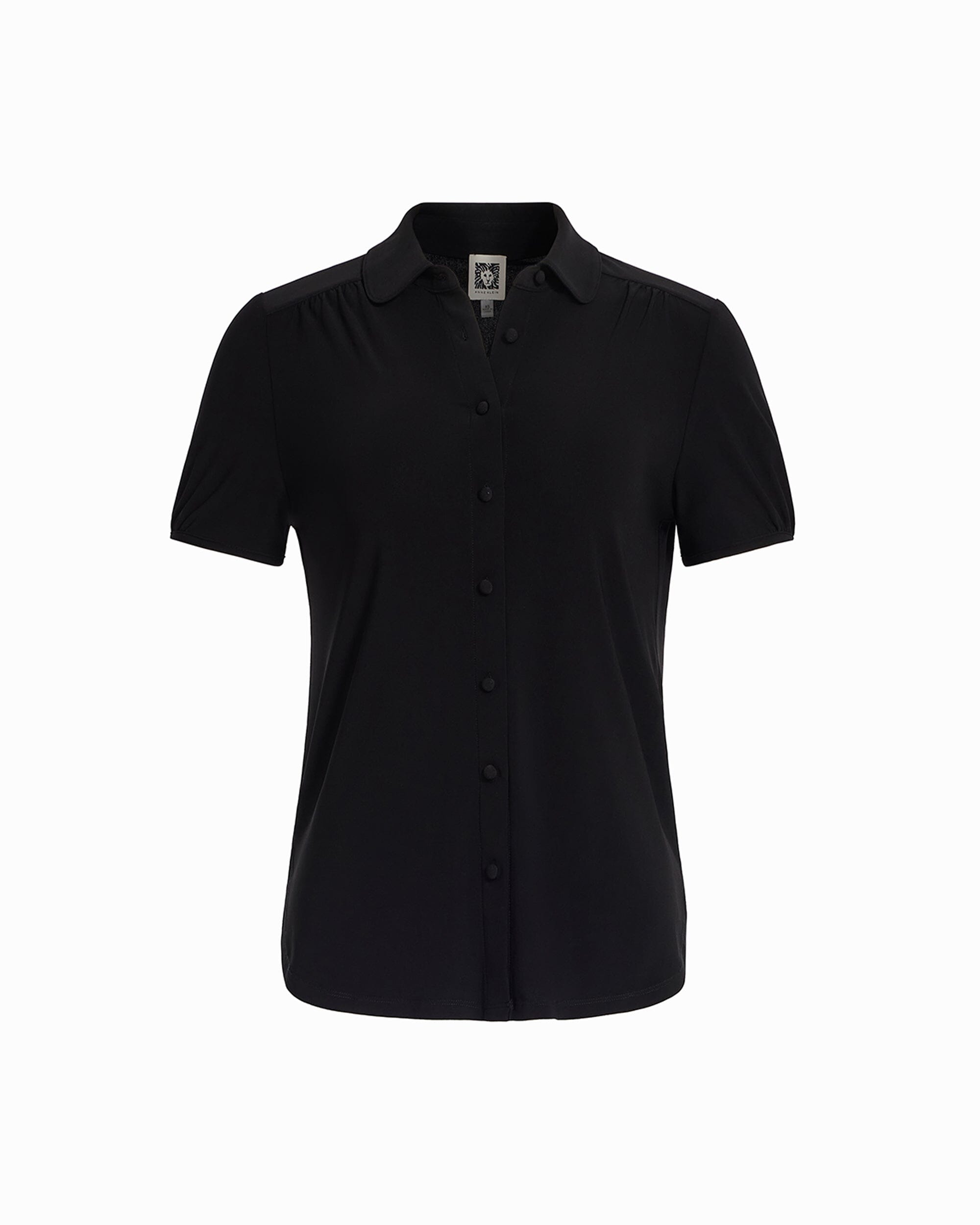 Anne Klein Anne Black Button Front Short Sleeve Collared Top