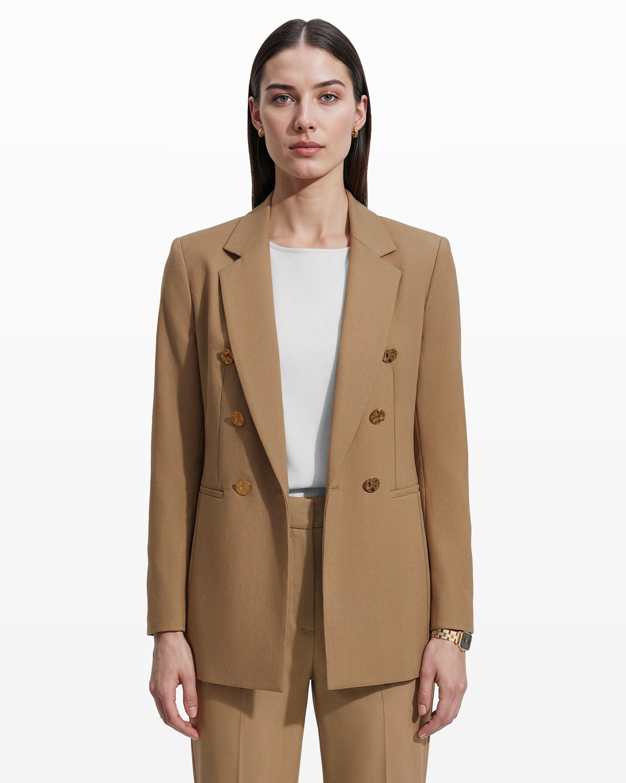 Anne Klein Cffe Crm Melng Double-Breasted Wool Jacket with Welt Pockets