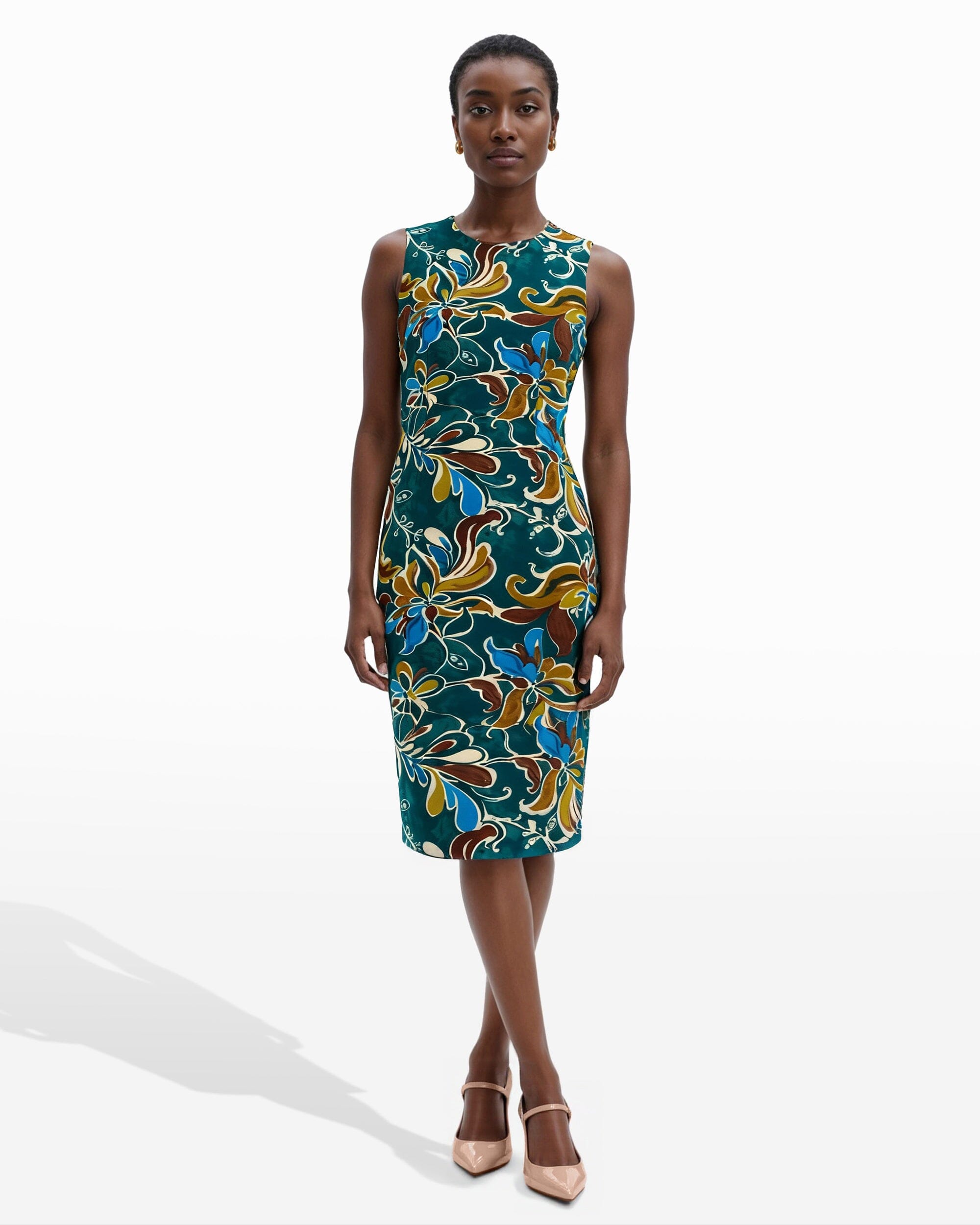 Anne Klein Ink Teal Multi Jewel Neck Sheath Dress