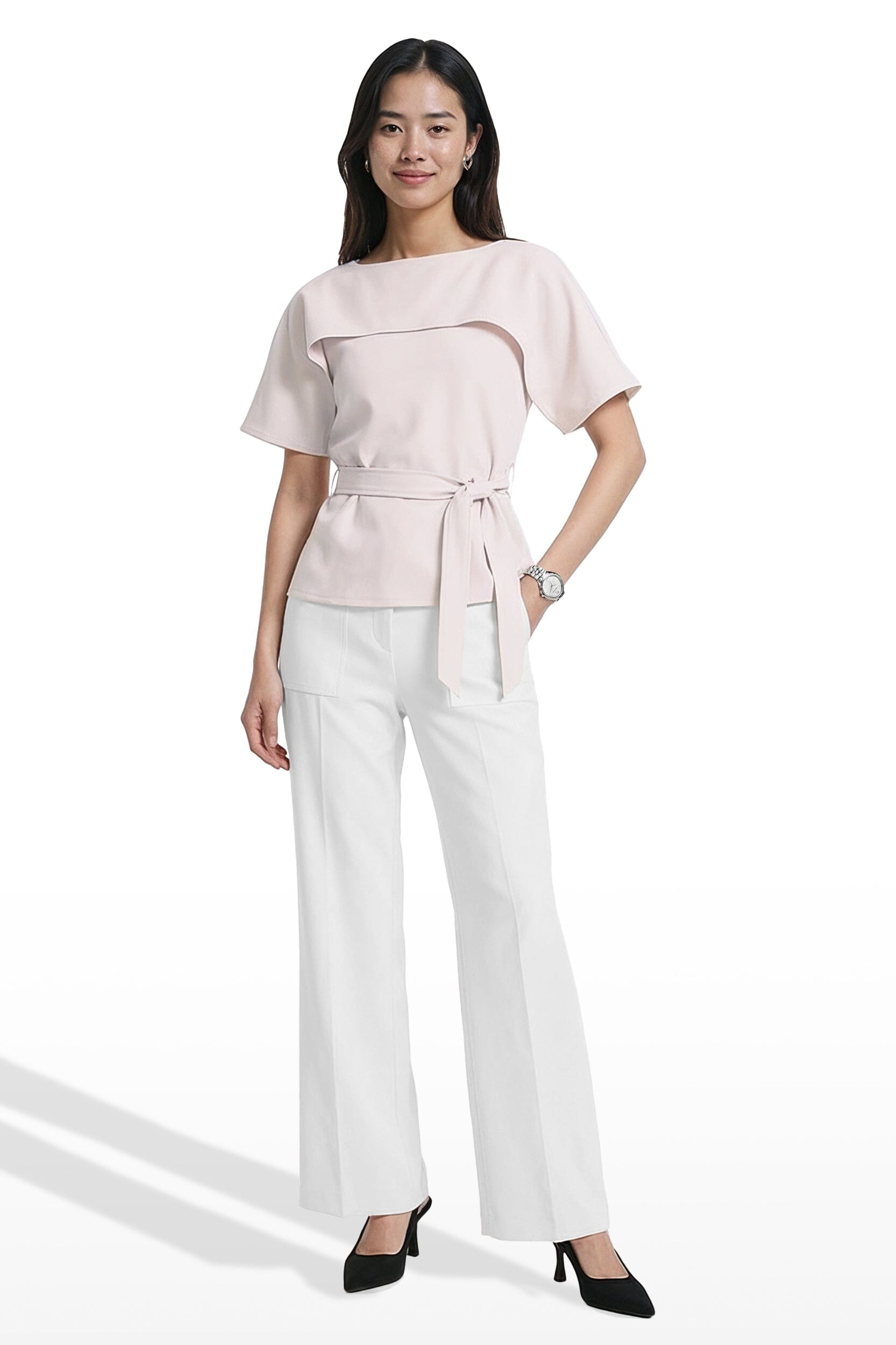 Anne Klein Layered Short Sleeve Bateau neckline Neck Pullover