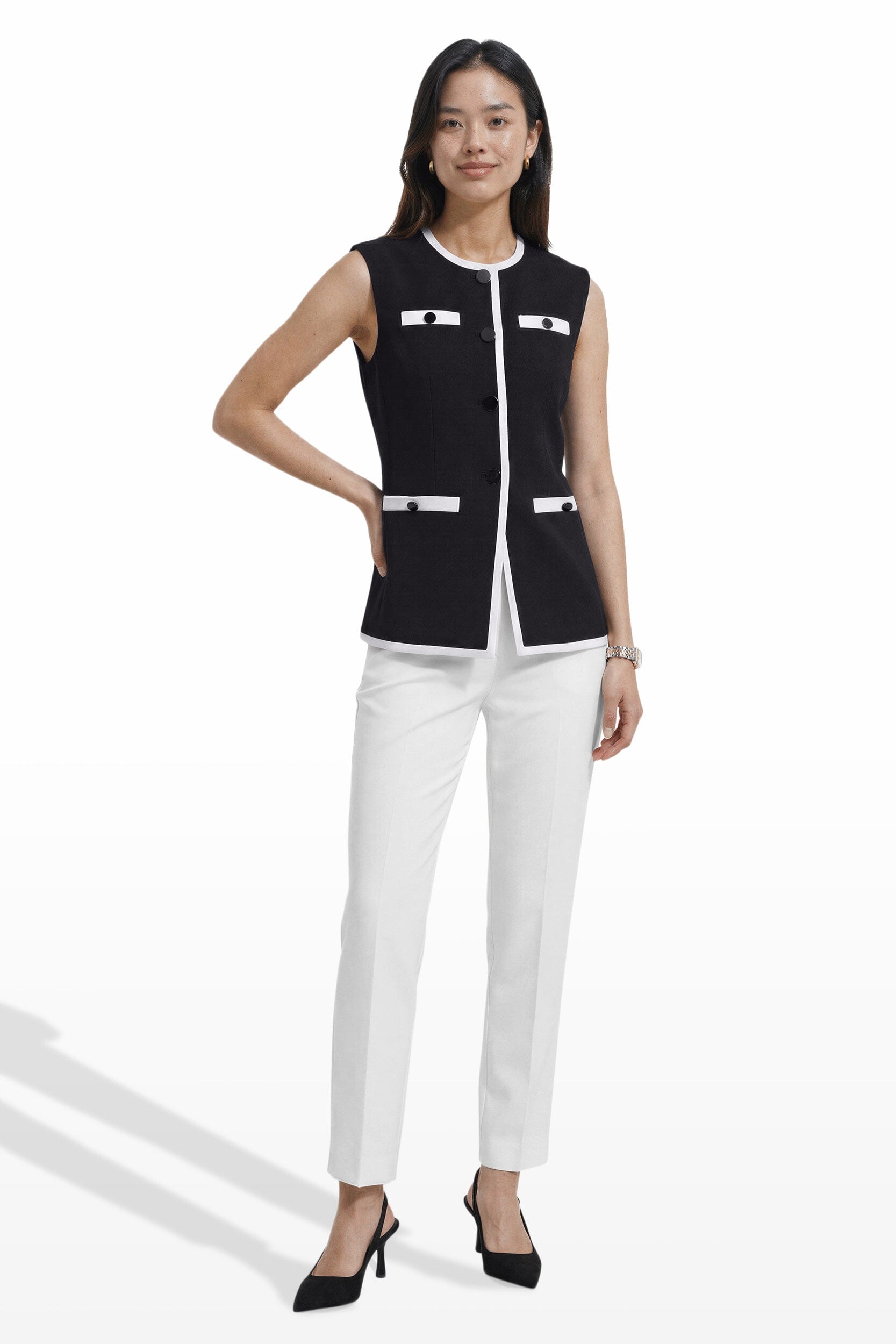 Anne Klein ANNE BLACK/WHITE DOVE Color-Blocked Four Button Vest