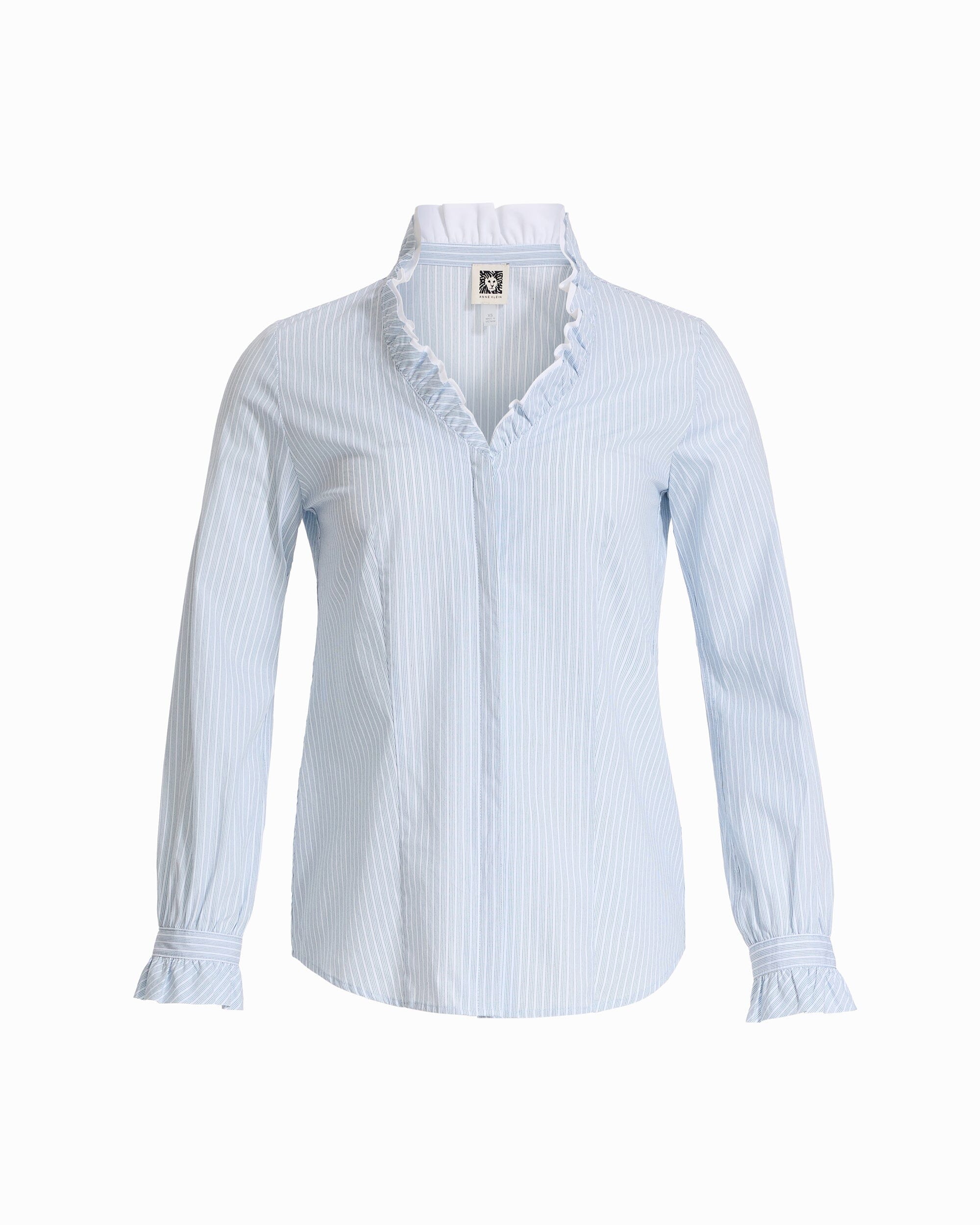 Anne Klein BLUE WASH MULTI Long Sleeve Ruffle Button-Front and Cuff Shirt