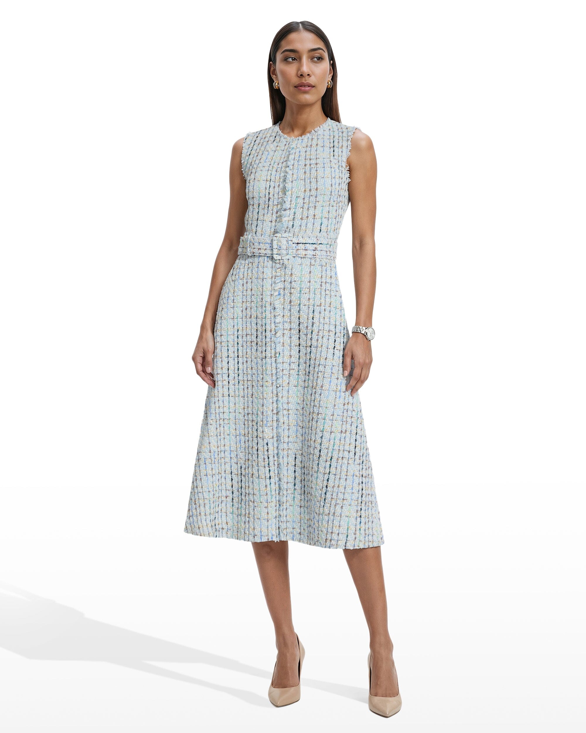 Anne Klein Surf Blue Multi Fringed Midi Dress with Center Front Seam