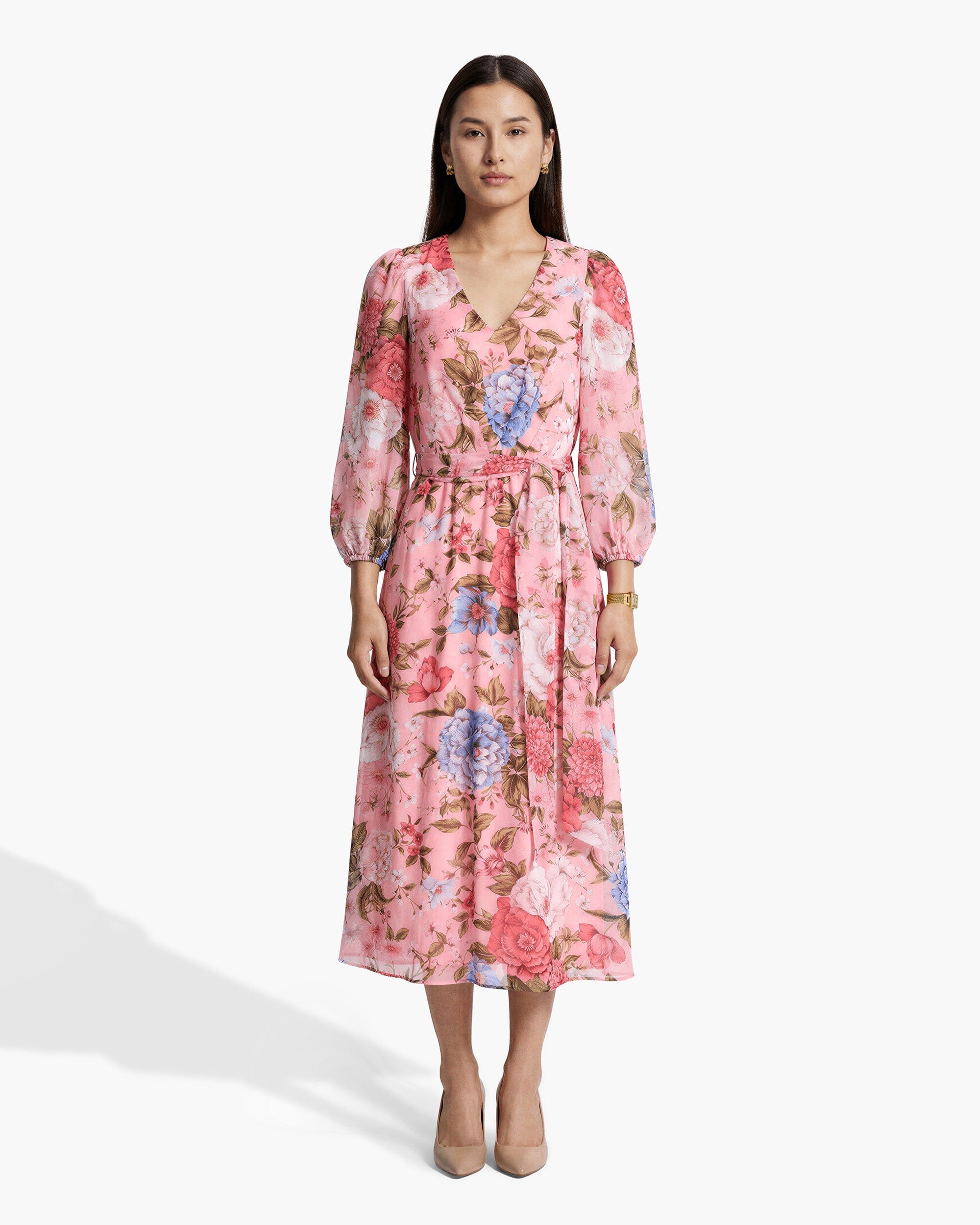 Anne Klein CALYPSO CORAL MULTI Three-Quarter Sleeve Midi Length Dress