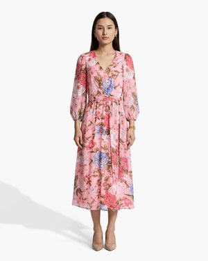 Anne Klein CALYPSO CORAL MULTI Three-Quarter Sleeve Midi Length Dress