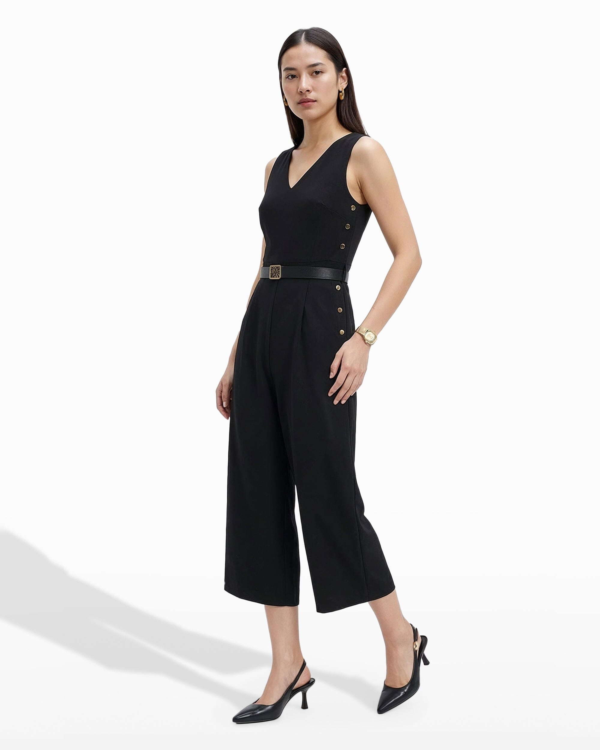 Anne Klein V Neck Side Button Jumpsuit