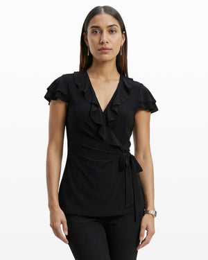 Anne Klein ANNE BLACK Flutter Sleeve Wrap Top with Ruffle Detail