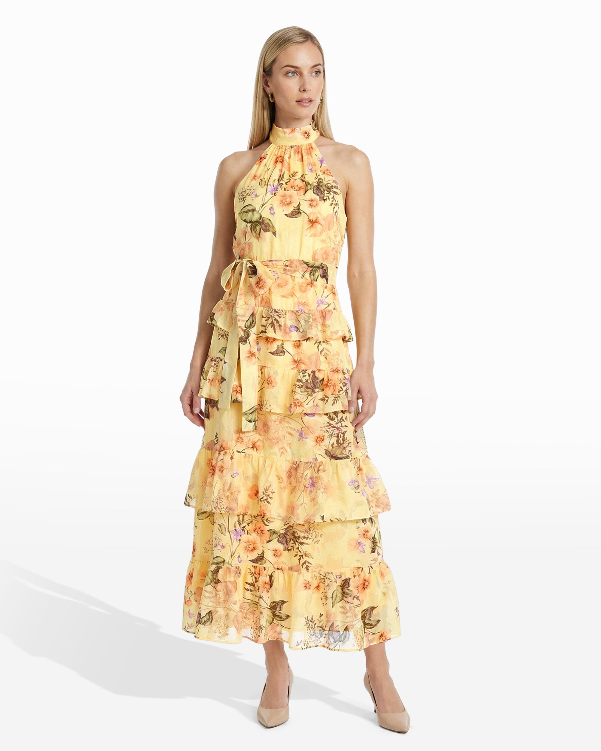 ruffle halter dress Anne Klein Tiered Halter Ruffle Chiffon Floral Maxi Dress