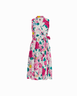 Anne Klein CRISP WHITE MULTI Petite Notched Collar Wrap Dress with Full Skirt