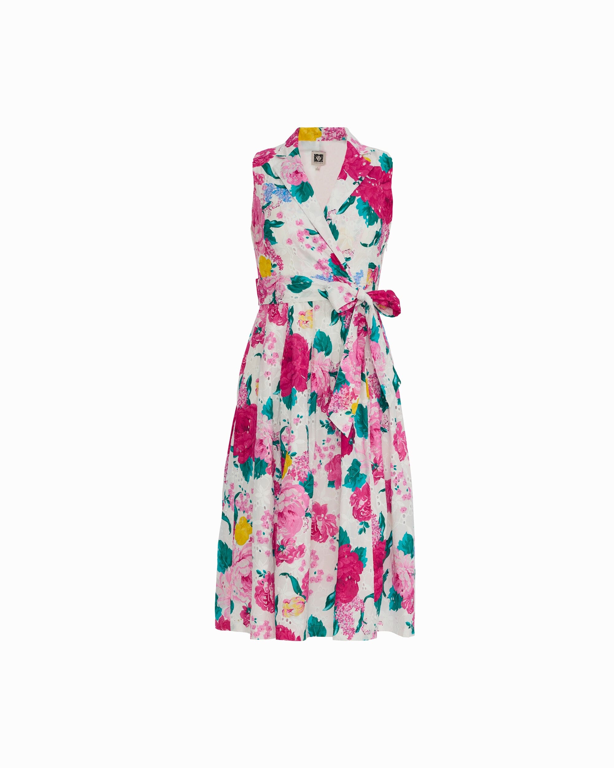 Anne Klein CRISP WHITE MULTI Notched Collar Wrap Dress with Full Skirt