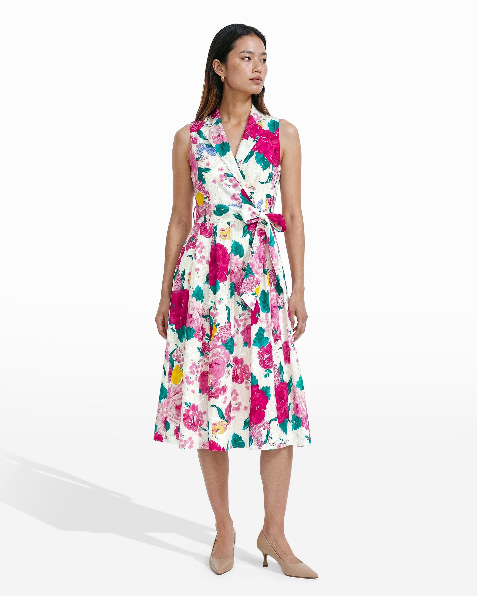 Anne Klein CRISP WHITE MULTI Notched Collar Wrap Dress with Full Skirt