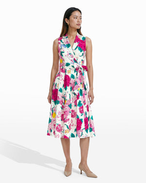 Anne Klein CRISP WHITE MULTI Notched Collar Wrap Dress with Full Skirt