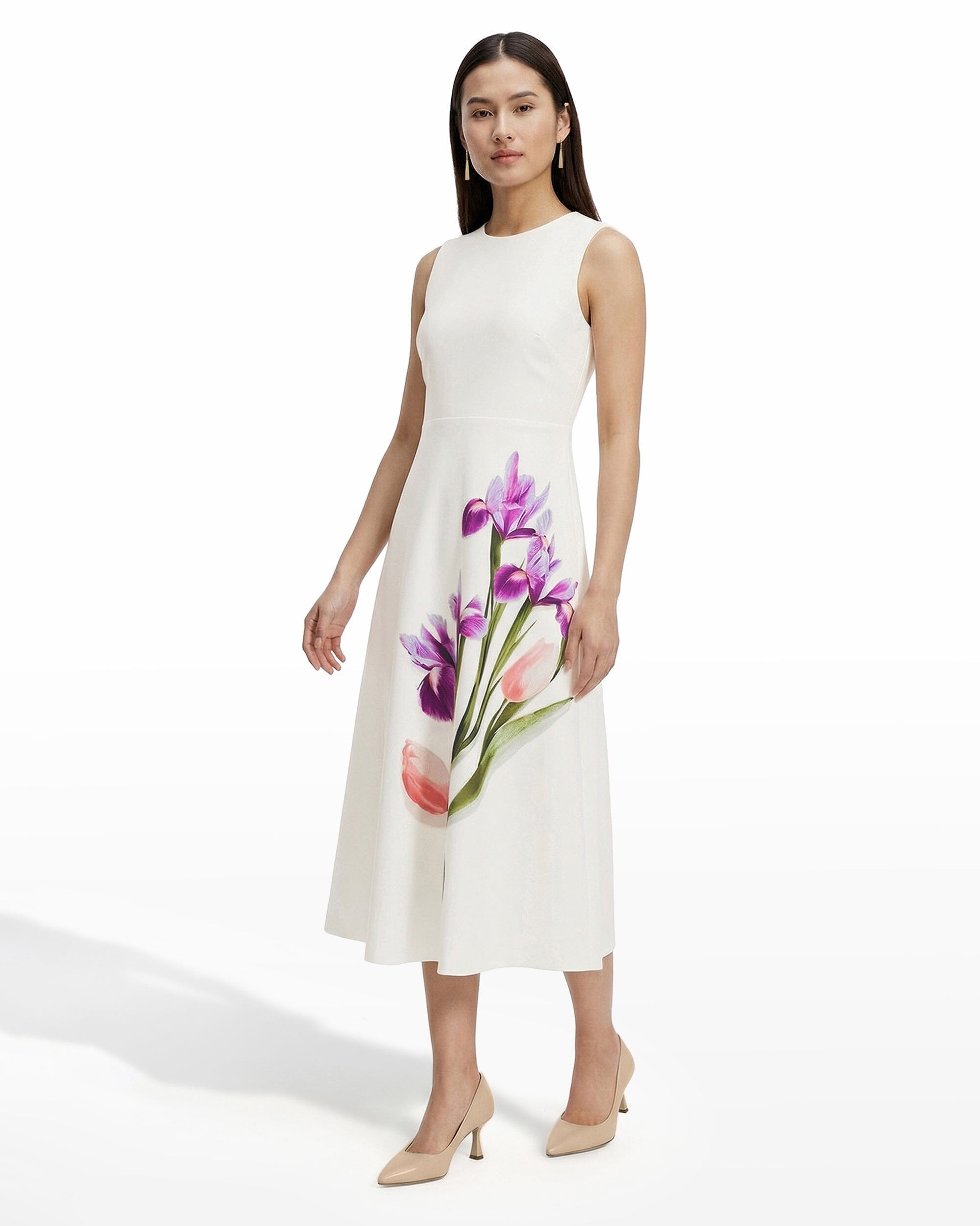Crew Neck A-Line Midi Dress | Anne Klein White DOVE Multi / 16P Crew Neck A-Line Midi Dress | Anne Klein White DOVE Multi / 16P