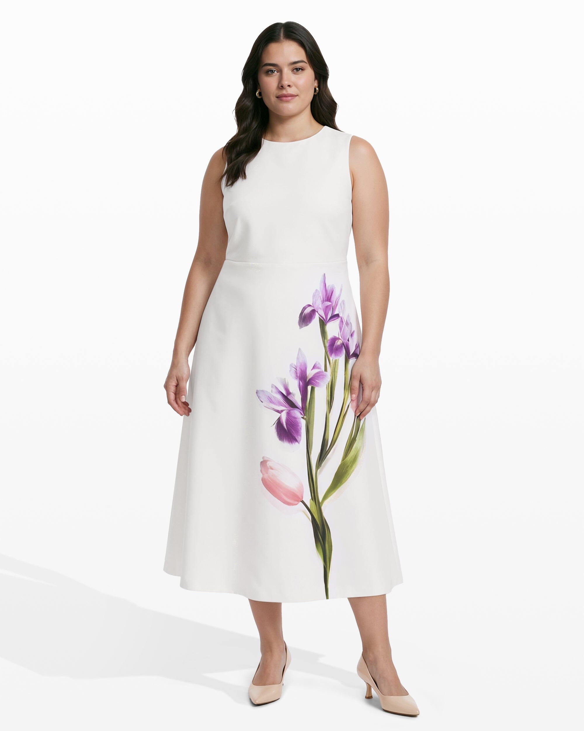 Anne Klein WHITE DOVE MULTI Plus Size Crew Neck A-Line Silhouette Midi Length Dress