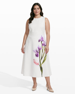 Anne Klein WHITE DOVE MULTI Plus Size Crew Neck A-Line Silhouette Midi Length Dress