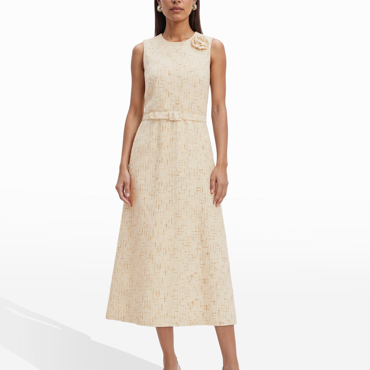 Anne Klein Rosette Detail A-Line Novelty Tweed Midi Dress Anne Klein Rosette Detail A-Line Novelty Tweed Midi Dress