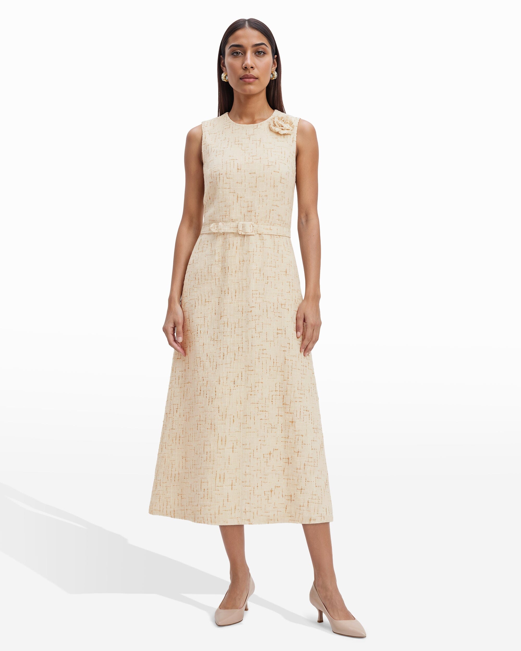 Anne Klein Rosette Detail A-Line Novelty Tweed Midi Dress Anne Klein Rosette Detail A-Line Novelty Tweed Midi Dress