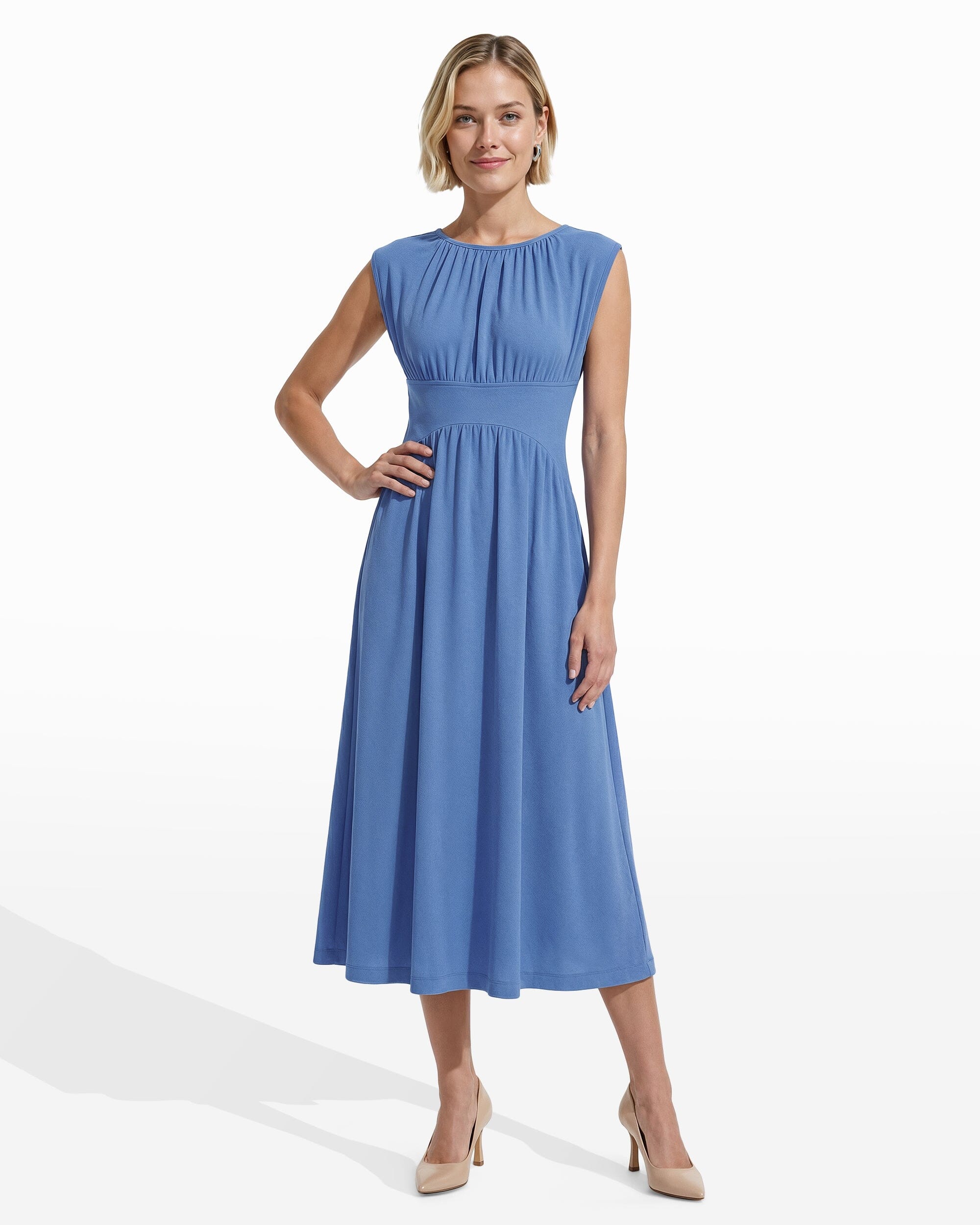 Anne Klein SEAPORT Boat Neckline Shirred Midi Length Dress