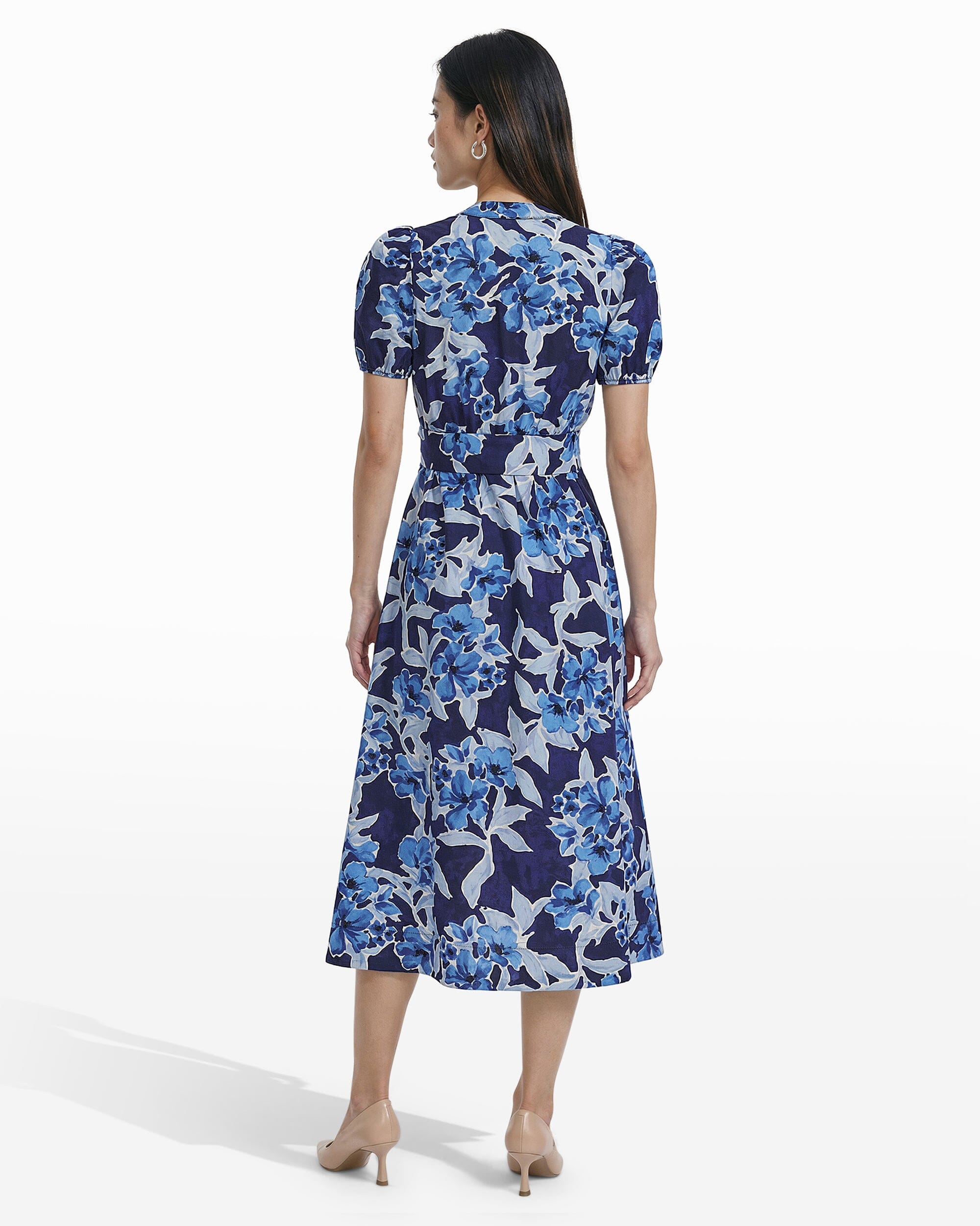 Puff Sleeve A-Line Midi Dress | Anne Klein Santorini Blue MULTI / XL Puff Sleeve A-Line Midi Dress | Anne Klein Santorini Blue MULTI / XL