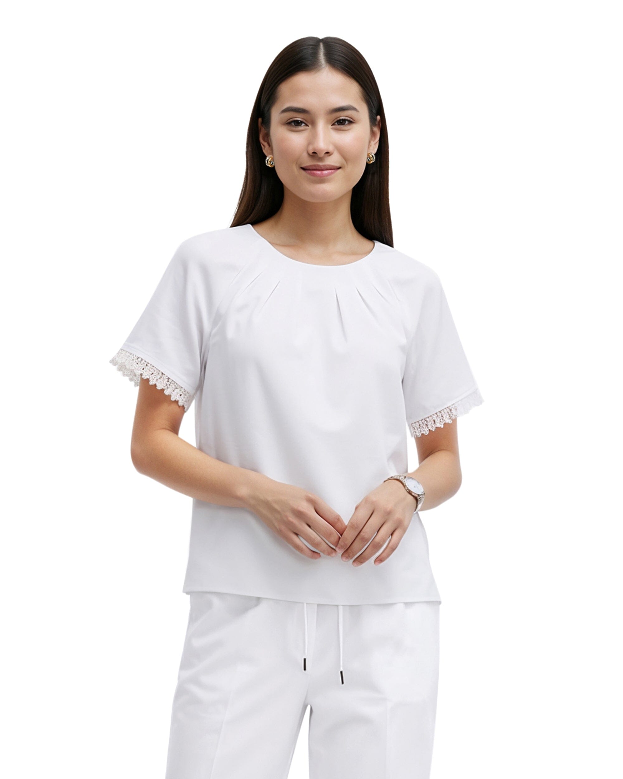 Anne Klein CRISP WHITE Pleated Neck Raglan Short Sleeve Blouse
