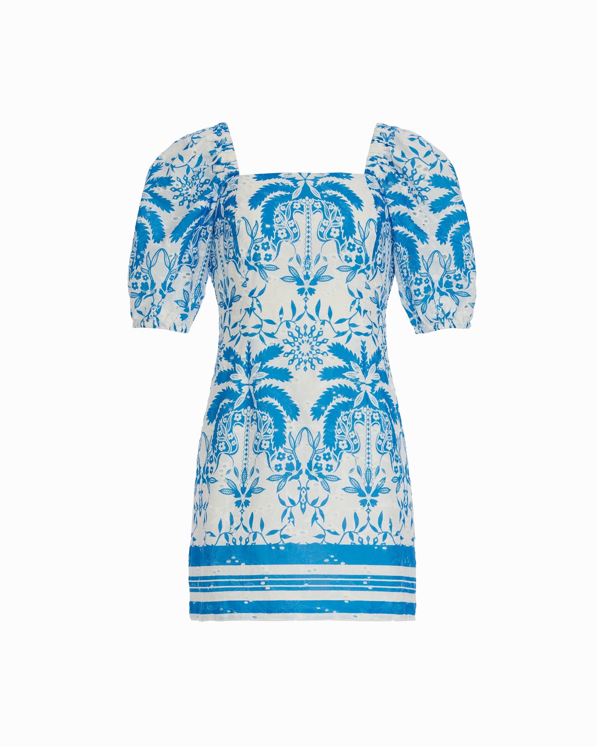 Anne Klein CRISP WHITE/SEAPORT Square Neck Puff Sleeve Mini Length Dress