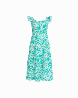 Anne Klein BERYL GREEN/CRISP WHIT Ruffled Tiered construction Midi Length Dress