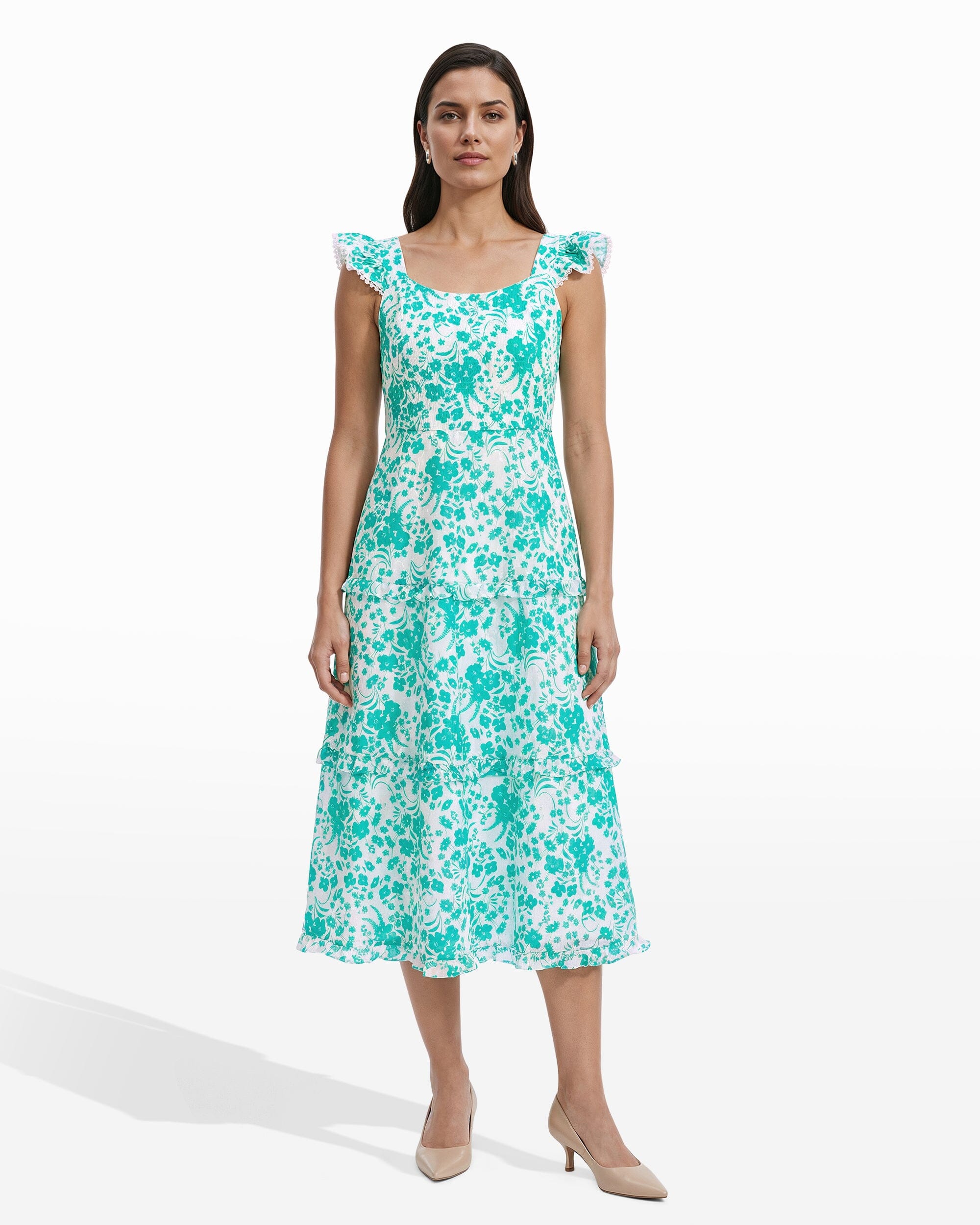 Anne Klein BERYL GREEN/CRISP WHIT Ruffled Tiered construction Midi Length Dress