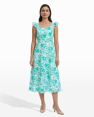 Anne Klein BERYL GREEN/CRISP WHIT Ruffled Tiered construction Midi Length Dress