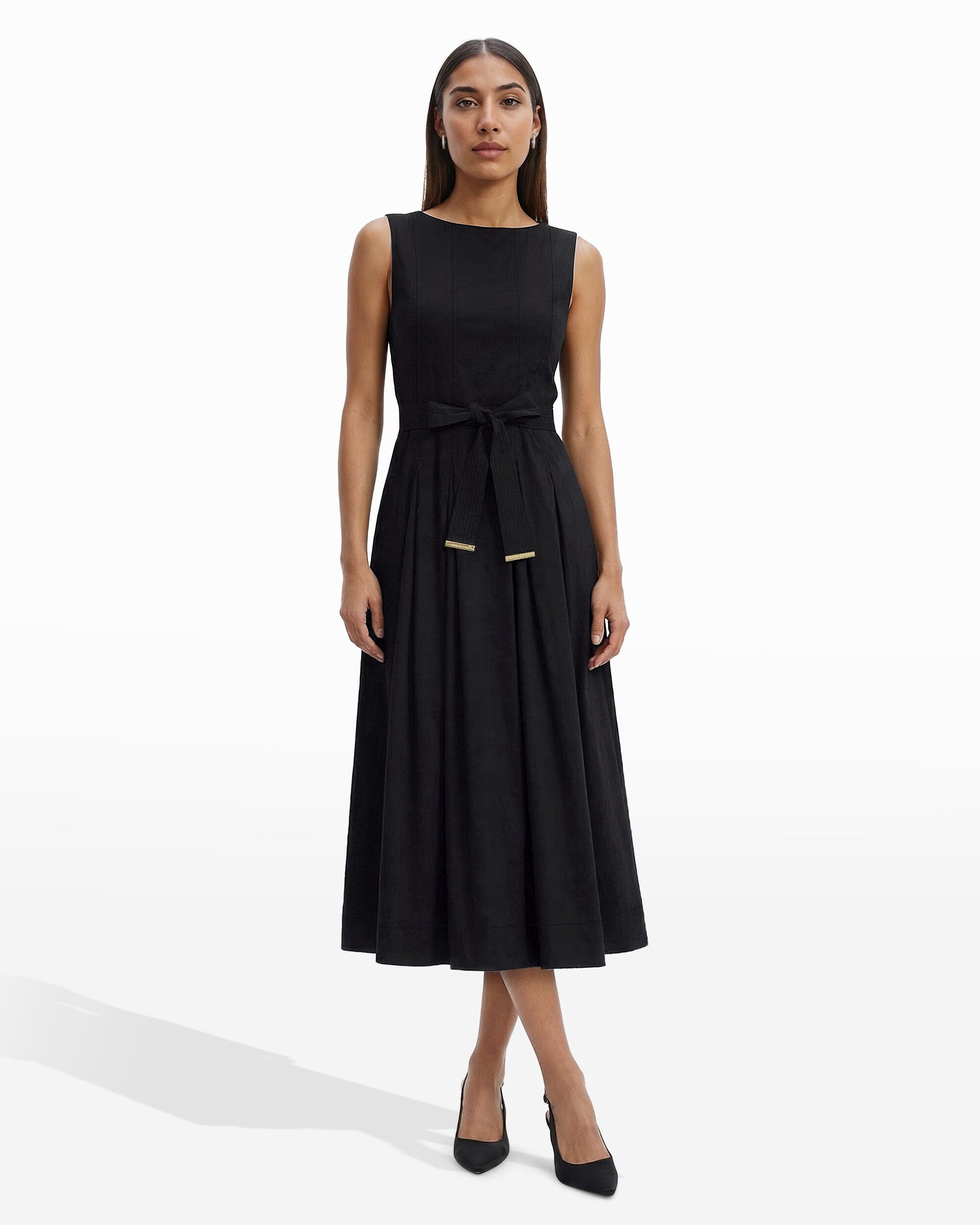 Anne Klein ANNE BLACK Paneled Bodice Jewel Neck Midi Length Dress