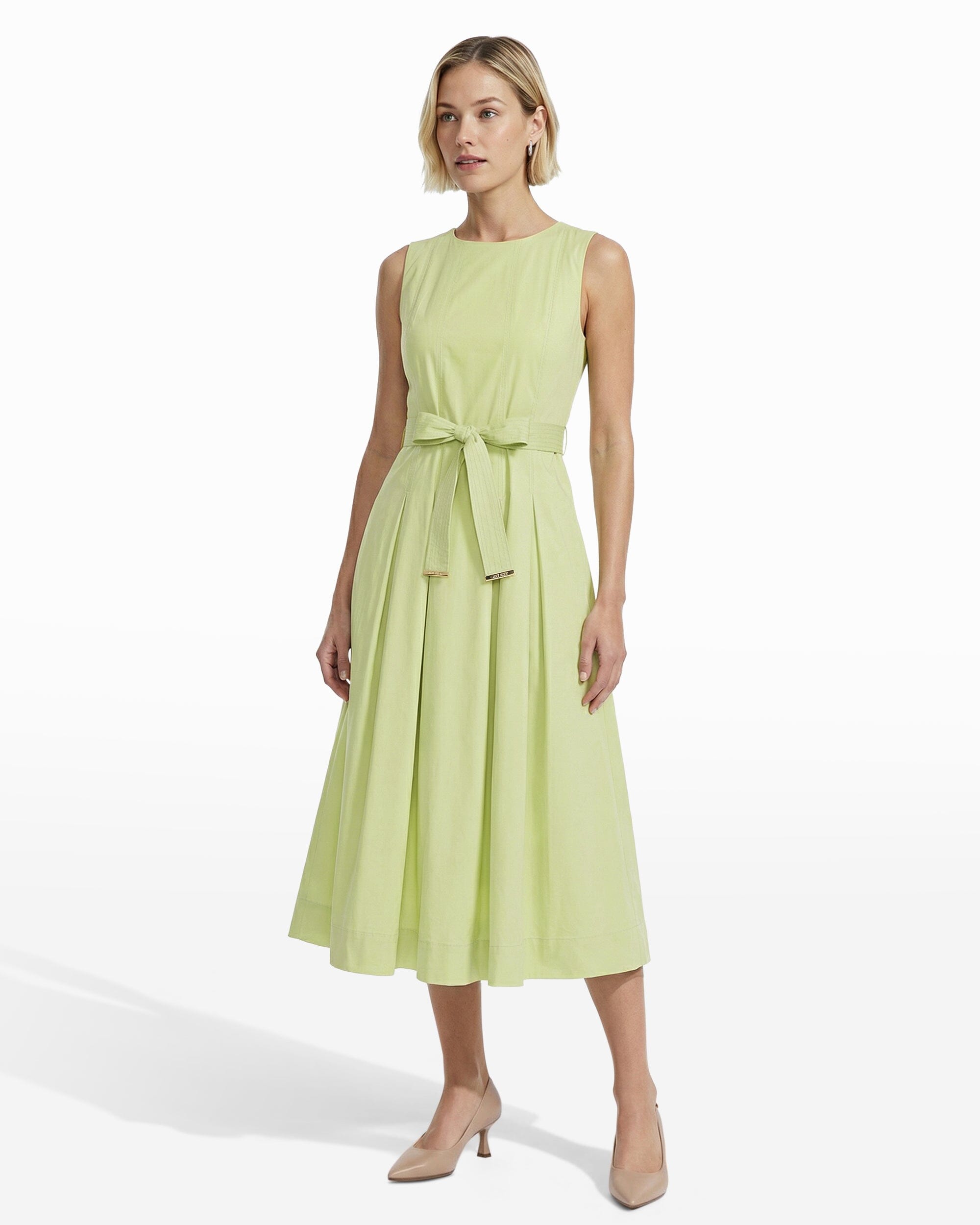 Anne Klein COOL SAGE Paneled Bodice Jewel Neck Midi Length Dress