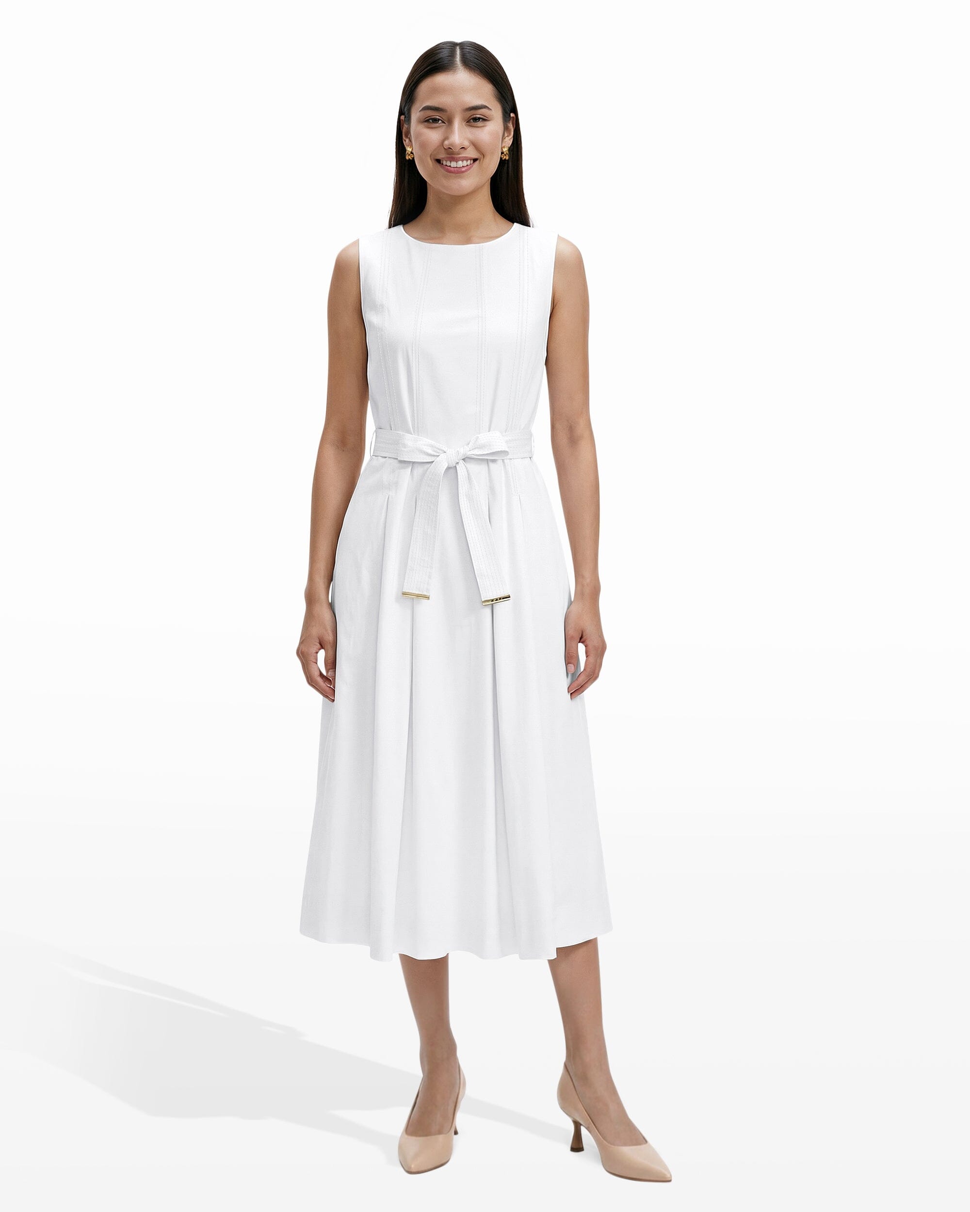 Anne Klein WHITE DOVE Paneled Bodice Jewel Neck Midi Length Dress