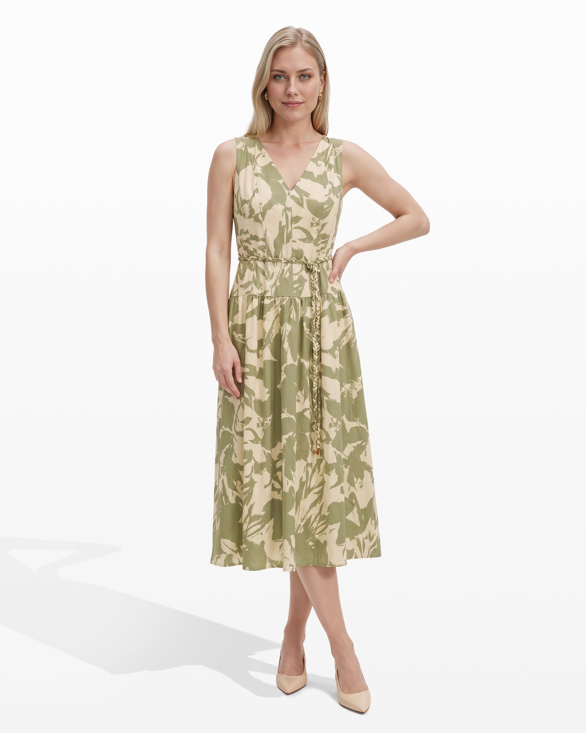 Anne Klein COOL SAGE MULTI V-Neck Seam Detail Patio Dress