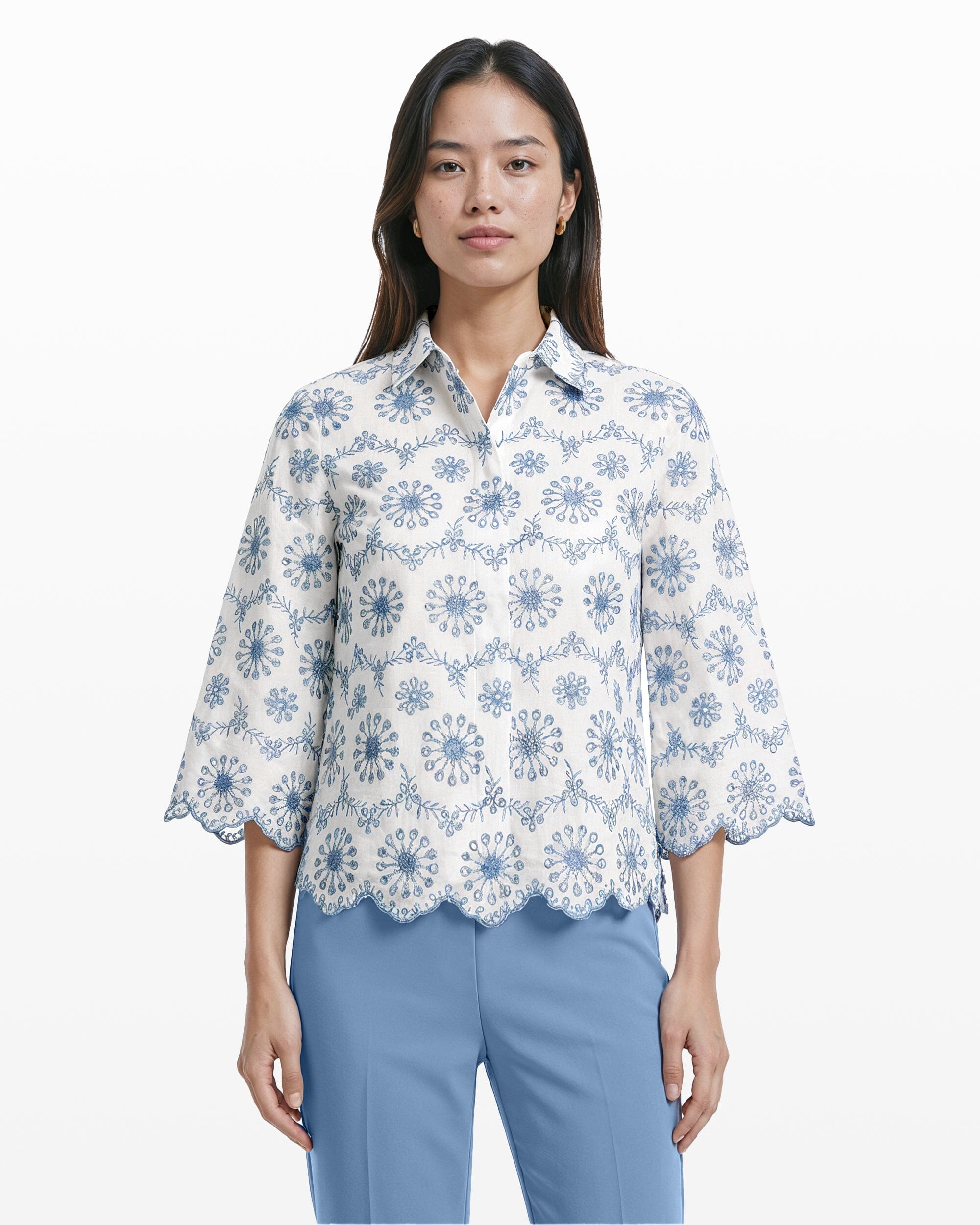 Anne Klein CRISP WHT/LAGN Button Front Shirt with Scallop Hem