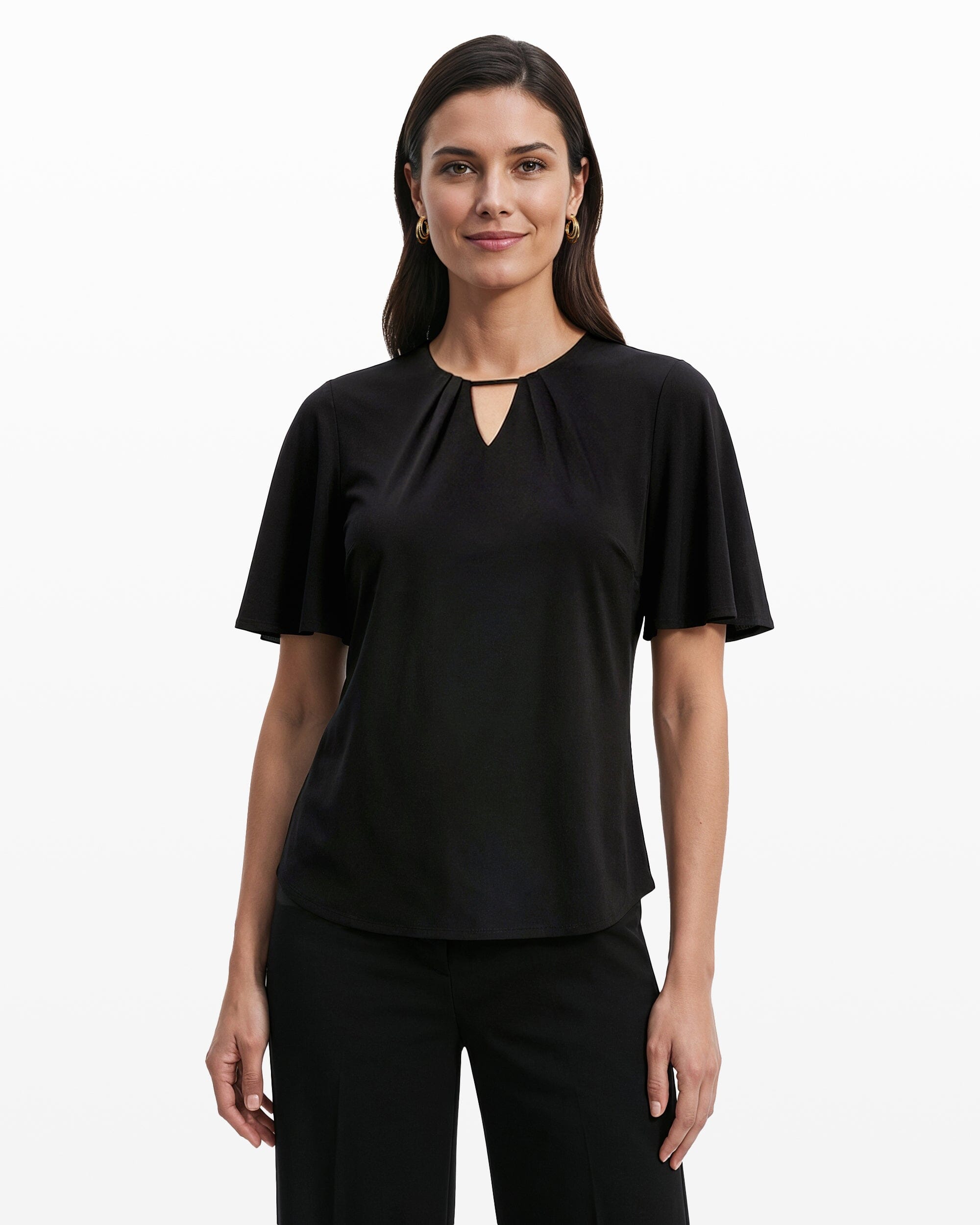 Anne Klein ANNE BLACK Pleated Neckline Bell Sleeve Top