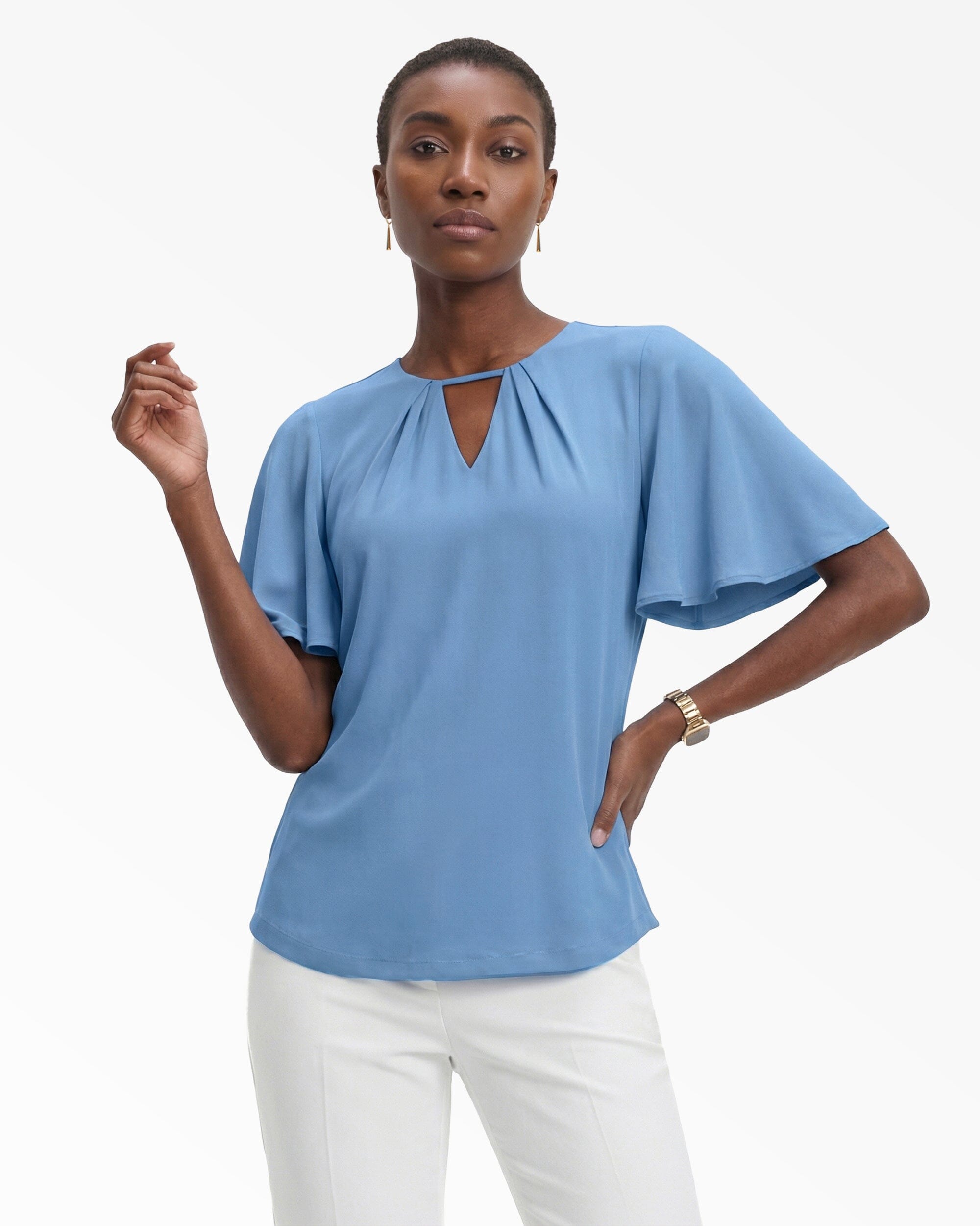 Anne Klein LAGOON Pleated Neckline Bell Sleeve Top