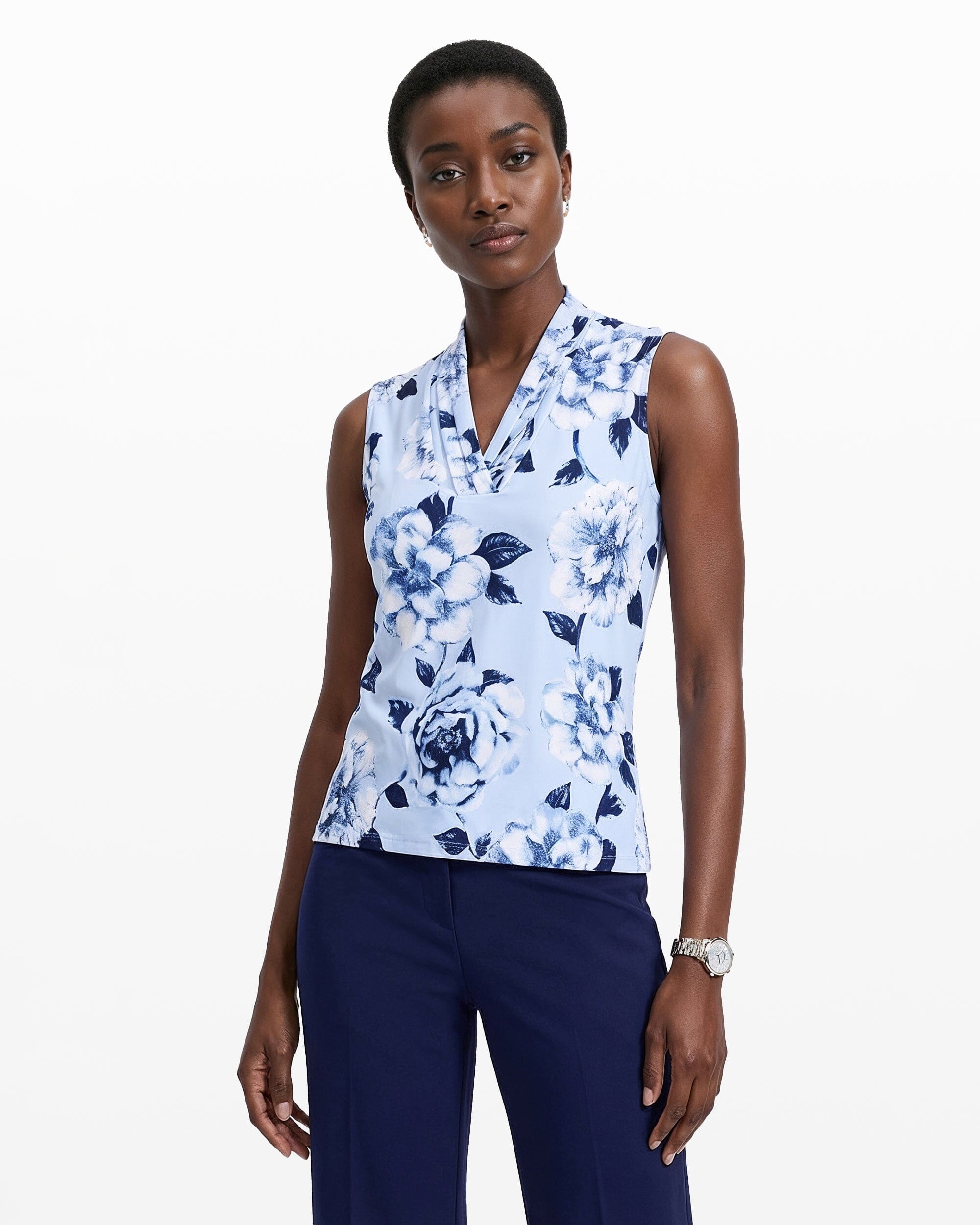 Anne Klein Triple Pleat V-Neck Sleeveless Knit Top