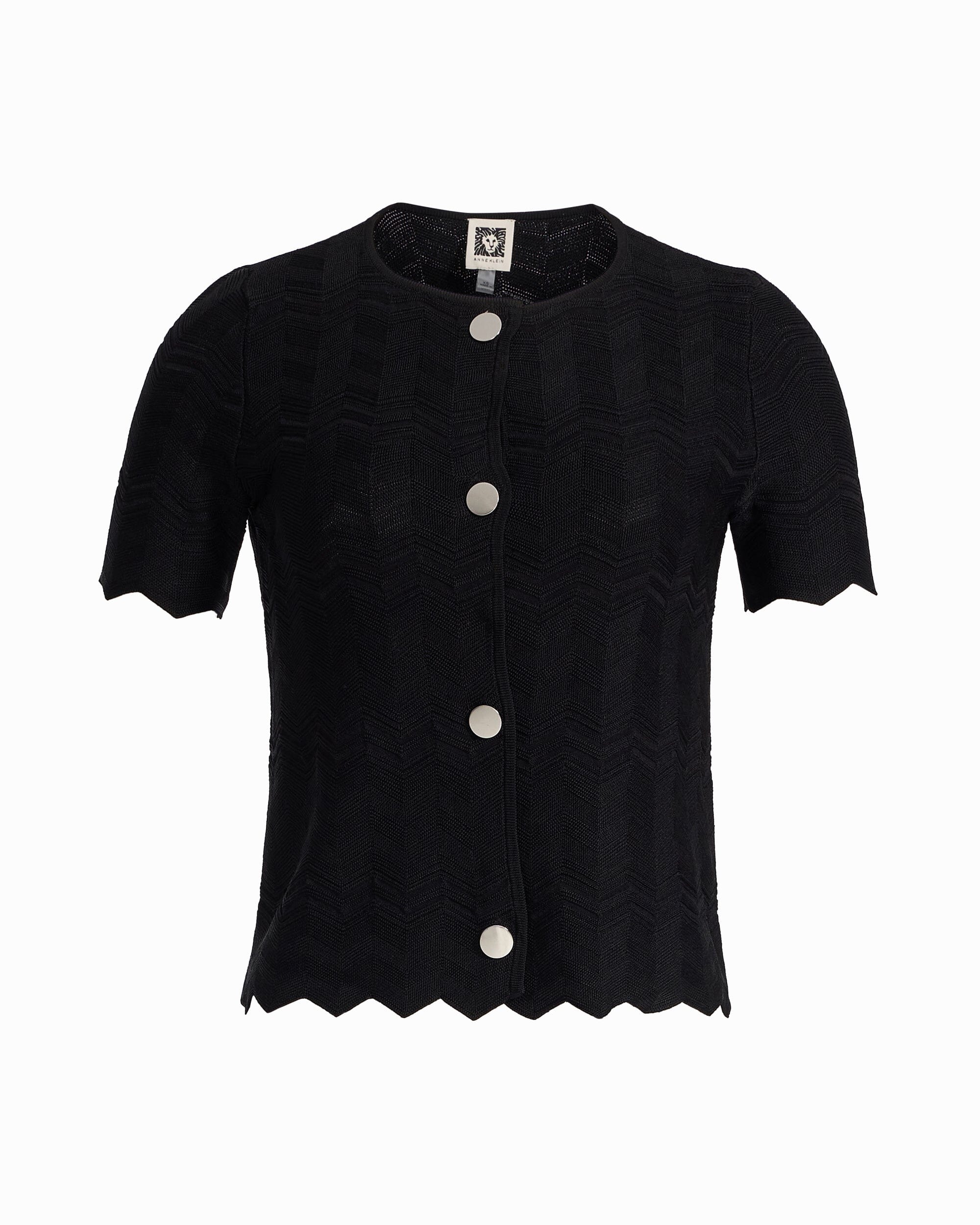 Anne Klein ANNE BLACK Button Front Zigzag Pointelle Cardigan