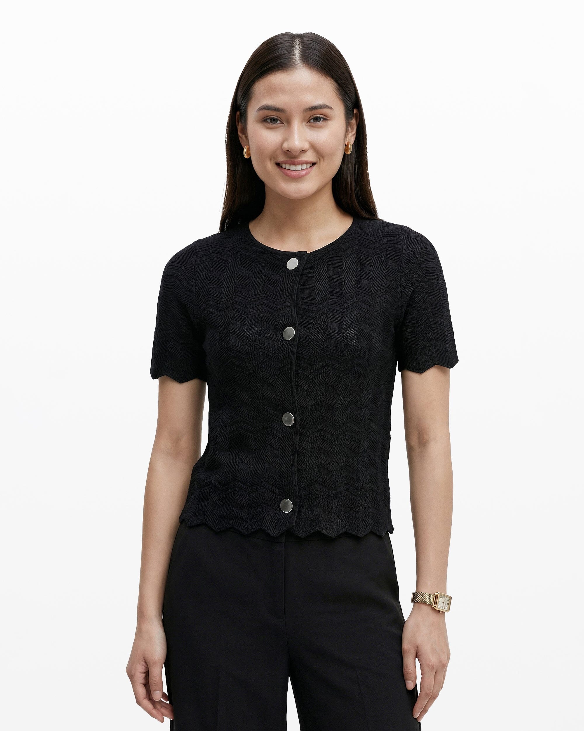 Anne Klein Button Front Zigzag Pointelle Cardigan