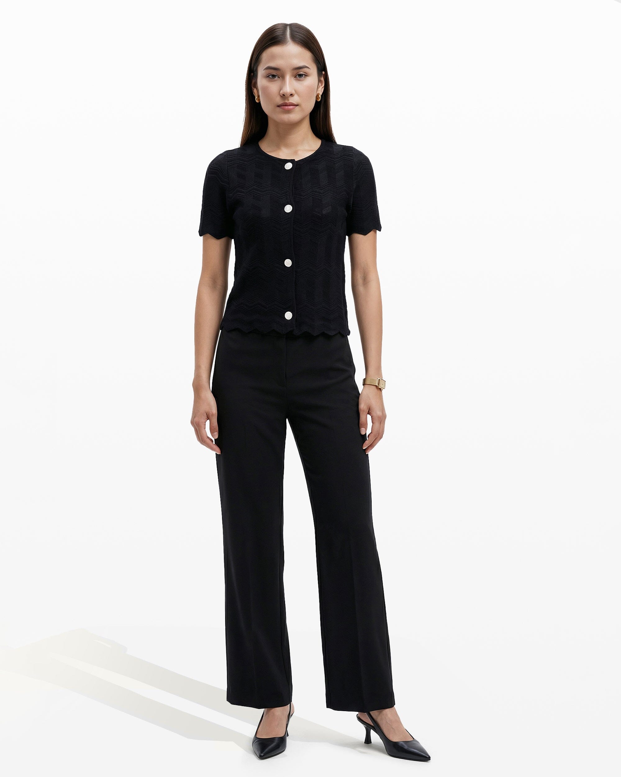 Anne Klein Button Front Zigzag Pointelle Cardigan