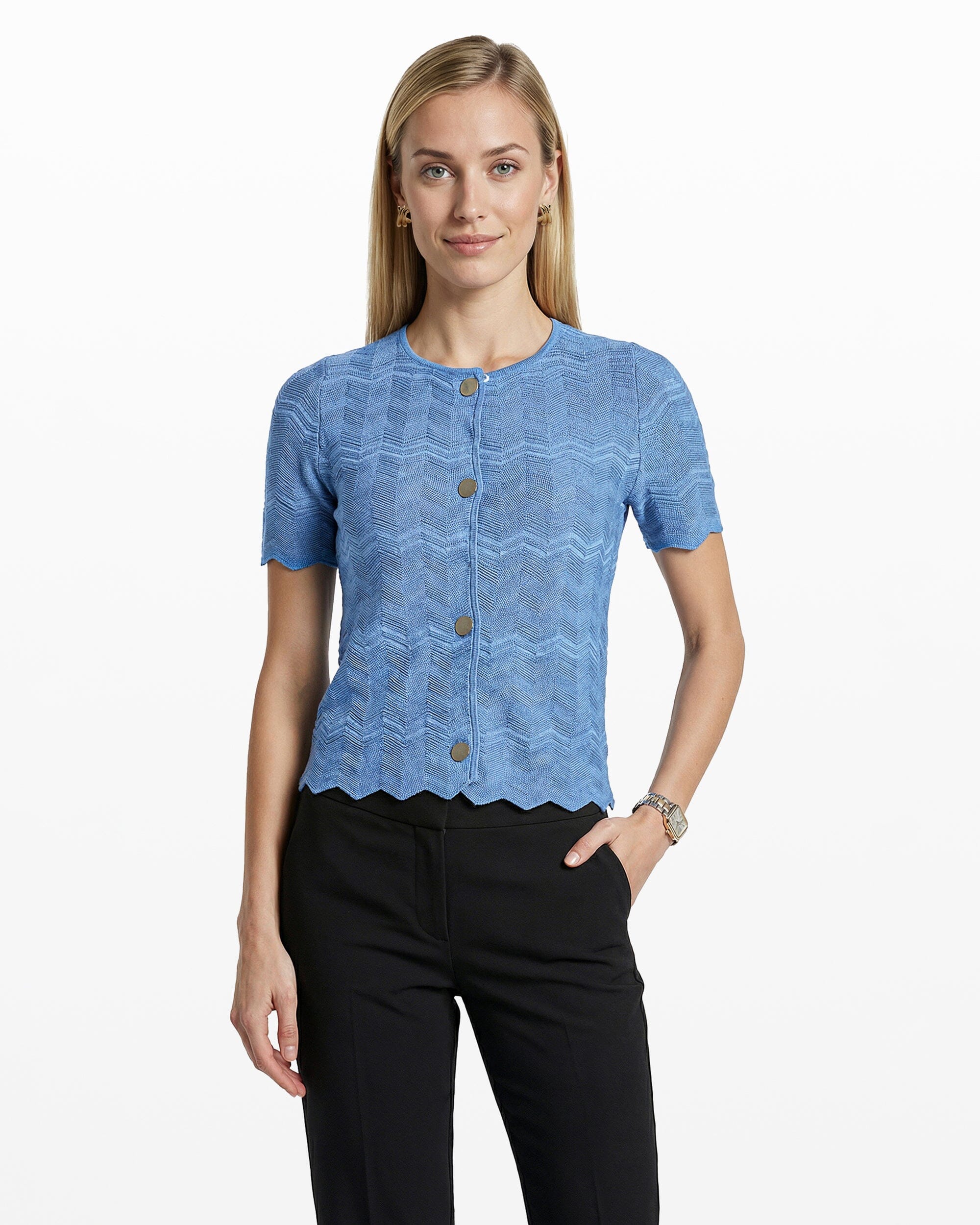 Anne Klein Button Front Zigzag Pointelle Cardigan