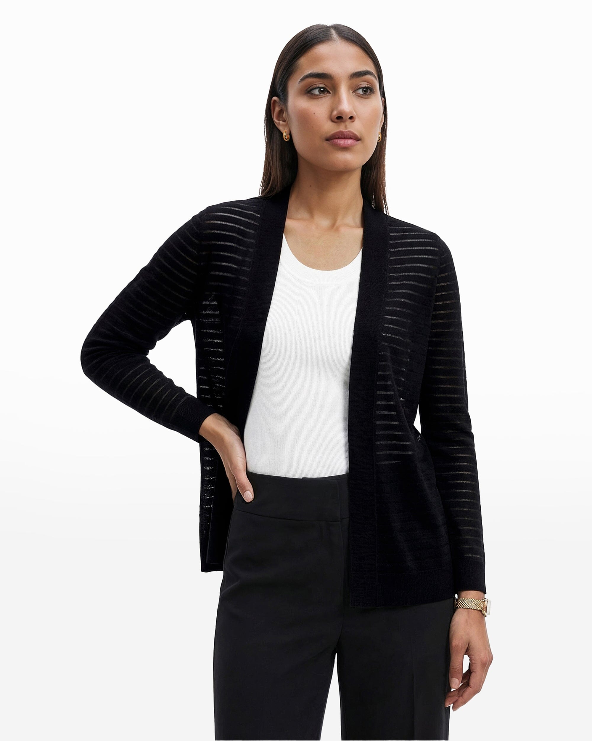 Anne Klein Sheer Stripe Open Front Cardigan